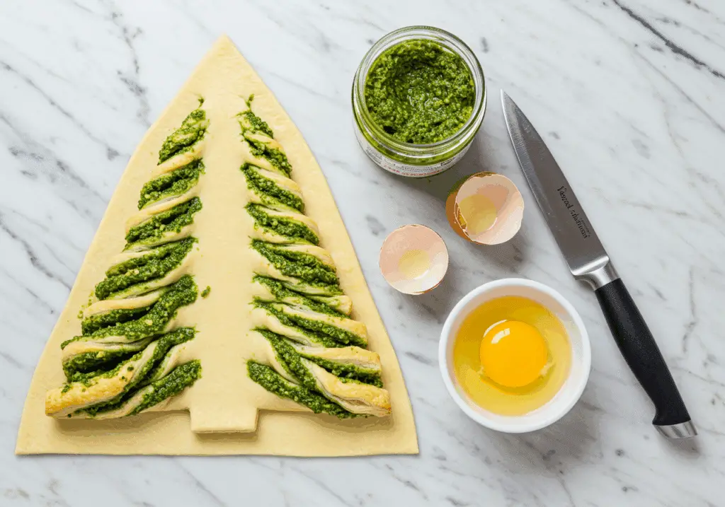 Ingrédients sapin feuilleté pesto disposés sur marbre blanc