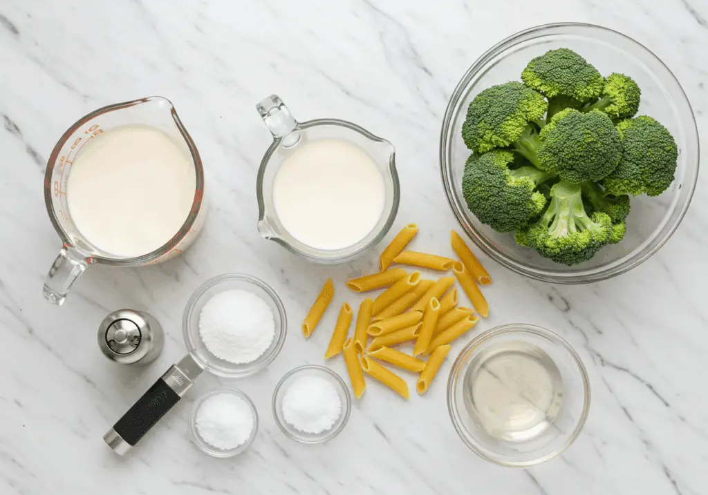 Ingrédients pour sauce à la crème de brocoli et penne sur marbre blanc