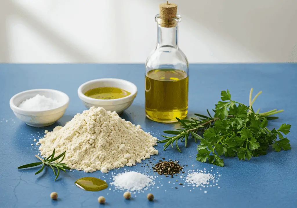 Ingrédients Socca Niçoise farine pois chiches huile olive herbes sur céramique bleue