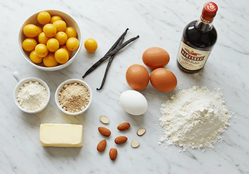 Ingrédients nobles tarte mirabelle crème amandes vanille sur marbre
