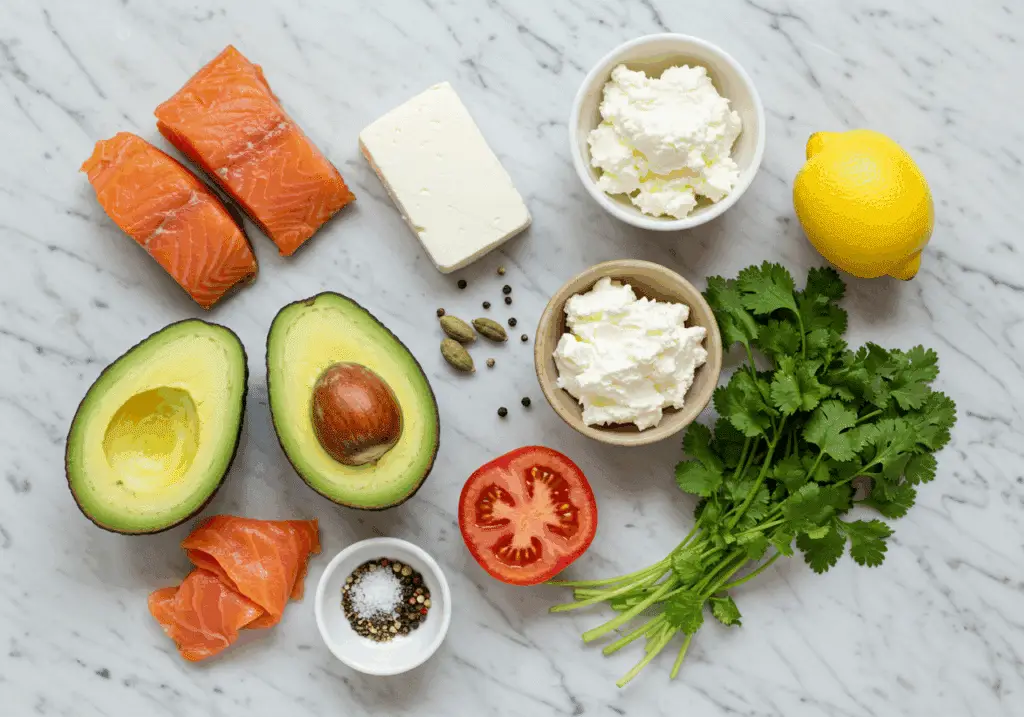 Ingrédients verrines saumon fumé avocat disposés marbre blanc