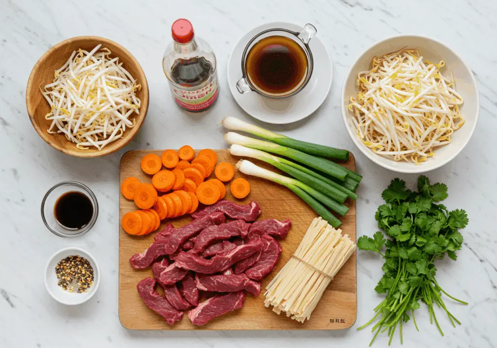 Ingrédients pour wok de légumes au bœuf disposés sur plan de travail en marbre
