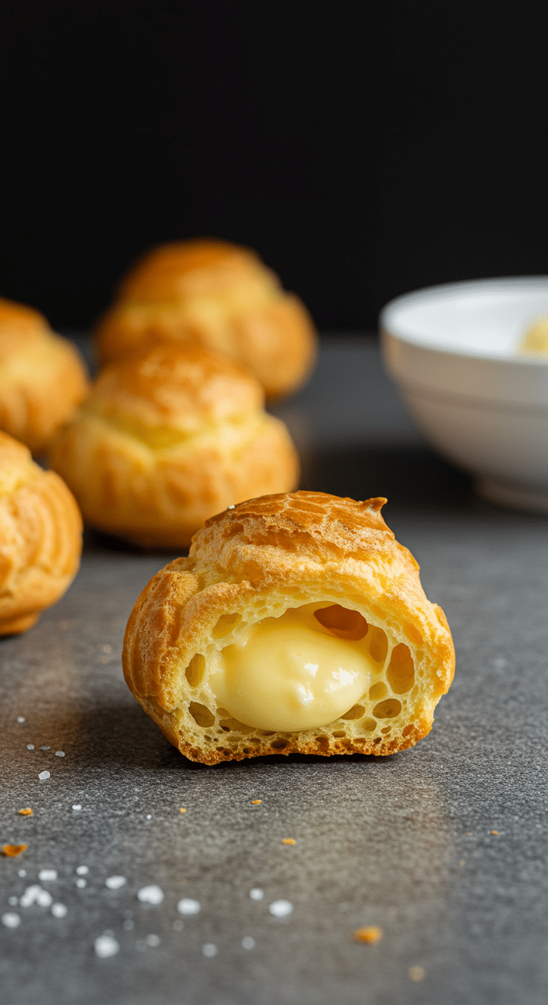 Pâte à choux pour choux éclairs et zeppoles dorés sur marbre blanc