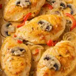 Poulet Stroganov au four dans plat céramique sauce crémeuse paprika