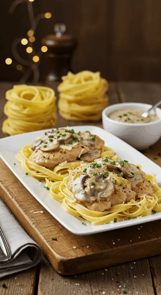 Présentation élégante de l'émincé de poulet aux champignons dans des bols blancs