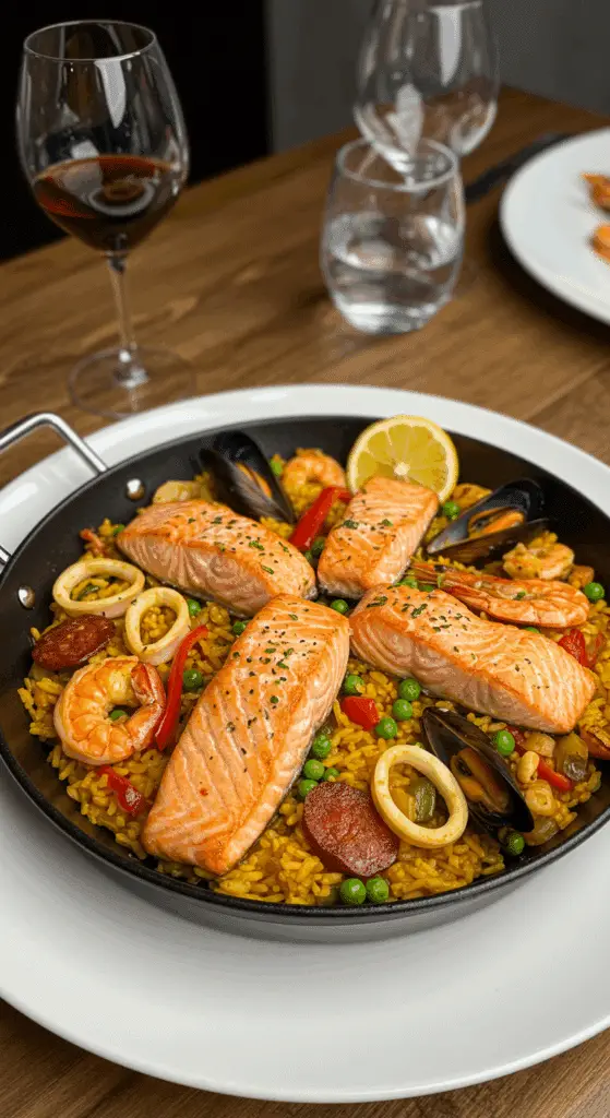 Présentation élégante du riz sauté façon paëlla au saumon en assiettes individuelles
