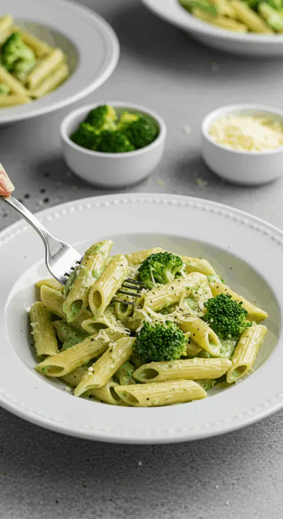 Présentation élégante sauce à la crème de brocoli et penne en assiettes individuelles