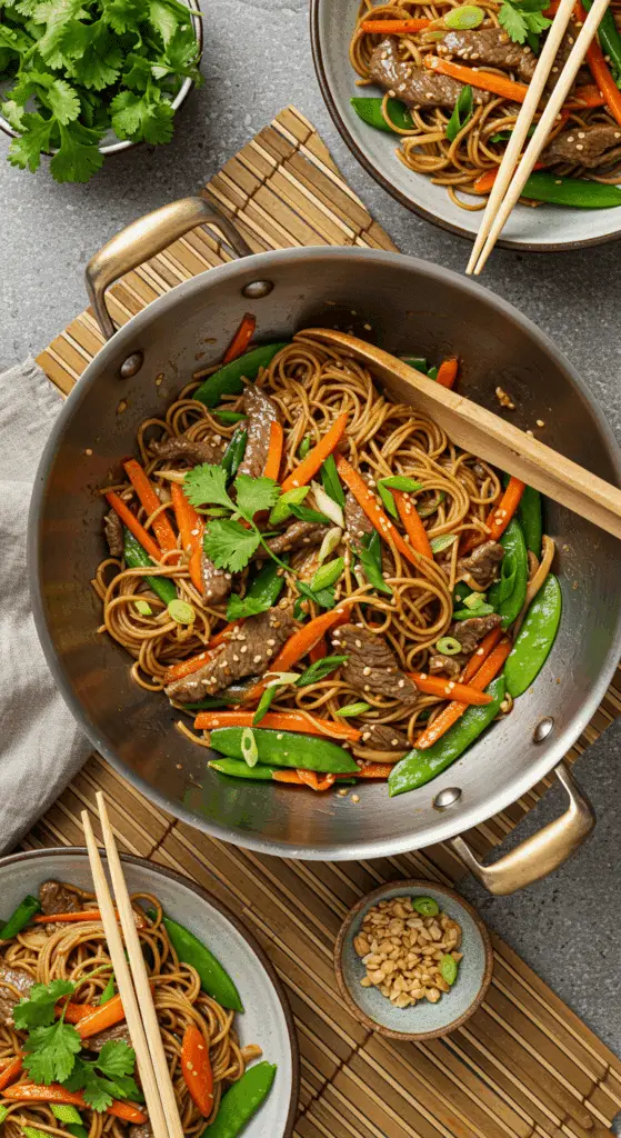 Présentation élégante du wok de légumes au bœuf dans des bols asiatiques traditionnels