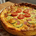 Quiche sans pâte aux courgette et jambon dorée dans plat blanc