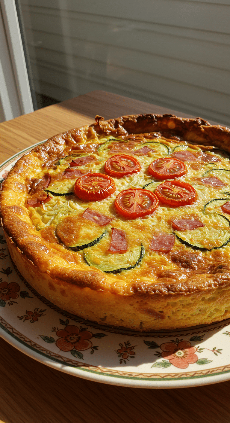 Quiche sans pâte aux courgette et jambon dorée dans plat blanc
