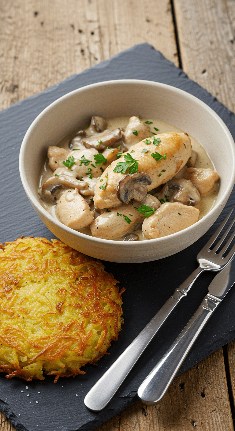 Ragoût poulet-champignons crémeux dans cocotte fonte avec persil frais