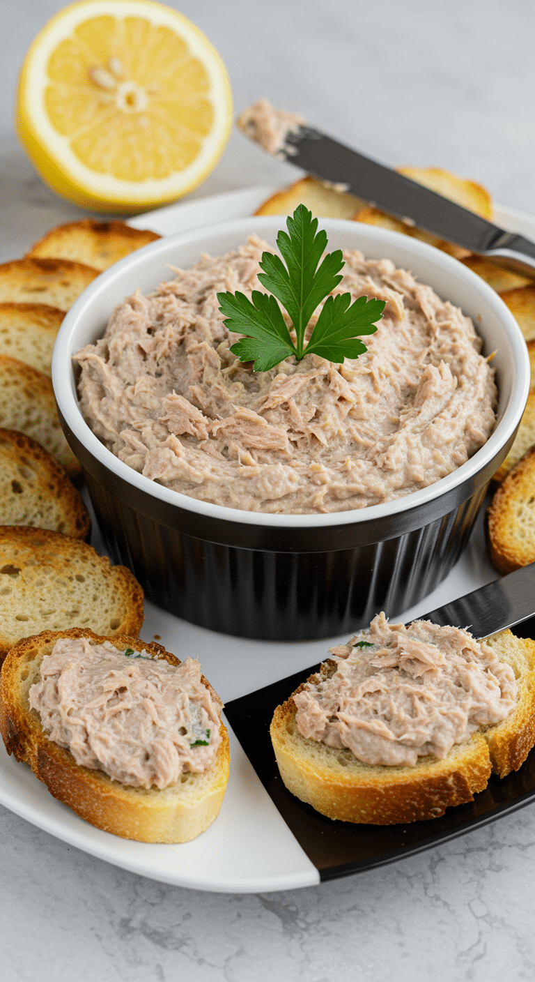 Rillettes de thon au St Moret bol céramique rustique pain grillé fourchettes