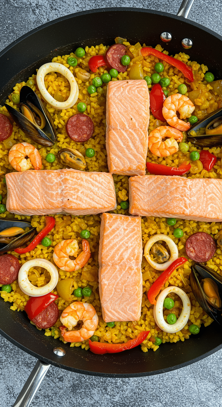 Riz sauté façon paëlla au saumon dans une poêle noire traditionnelle