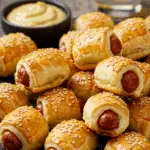 Roulés feuilletés à la saucisse dorés sur planche bois rustique
