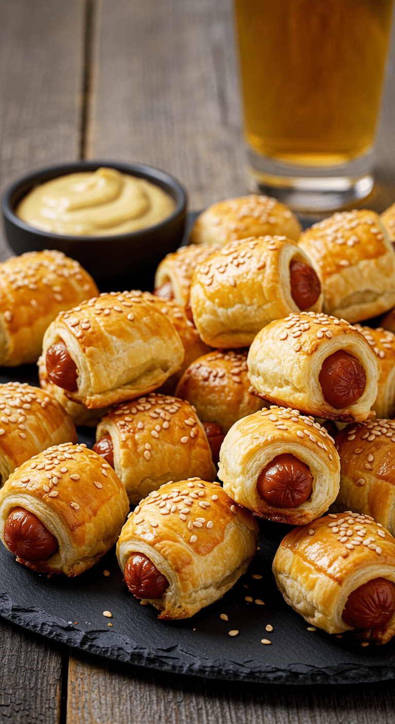 Roulés feuilletés à la saucisse dorés sur planche bois rustique