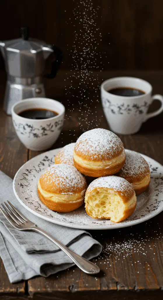 Service beignets alsaciens assiette porcelaine café sucre glace table française traditionnelle