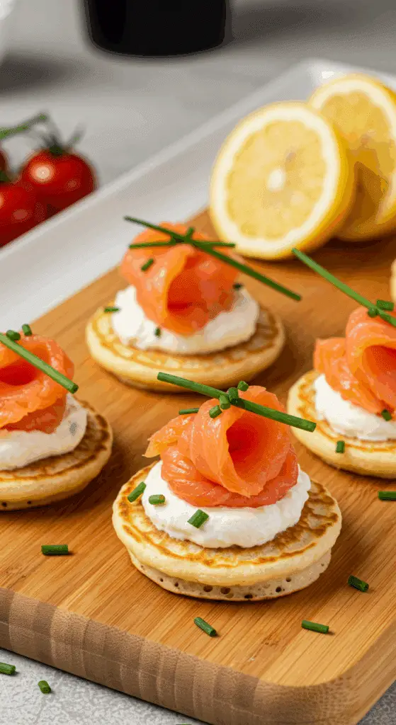 Service blinis saumon fumé neige sur plateau porcelaine avec garnitures