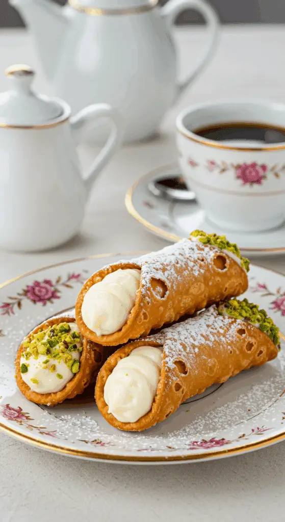 Service élégant cannoli assiette porcelaine italienne avec café atmosphère sicilienne