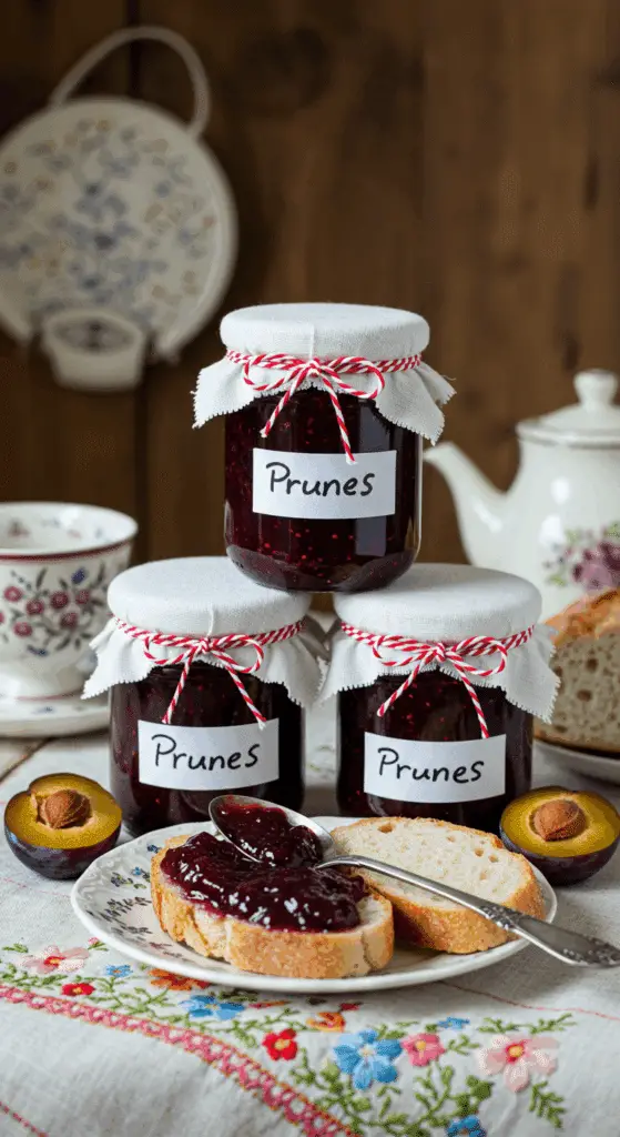 Confiture de prunes servie sur tartines avec pot ouvert et cuillère ancienne