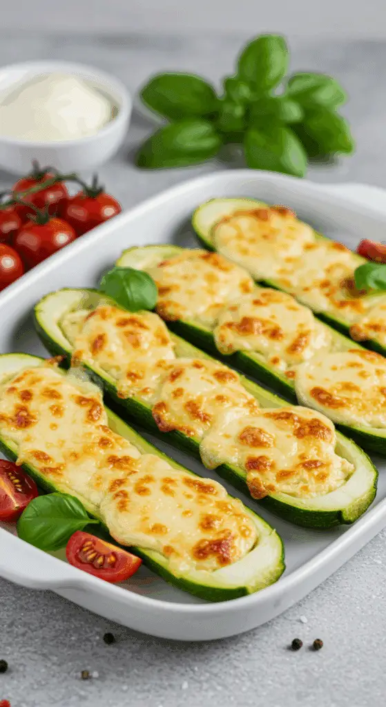 Courgette farcie mozzarella dressée assiette céramique avec chapeau