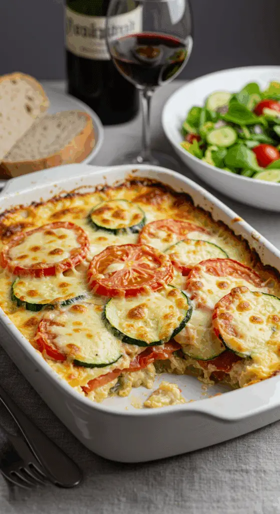 Service gratin courgettes tomates table dîner salade pain verre vin famille