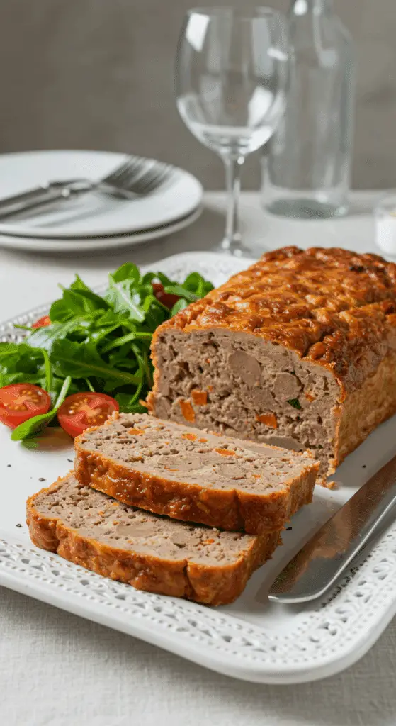 Service élégant pain de viande foies volailles avec salade