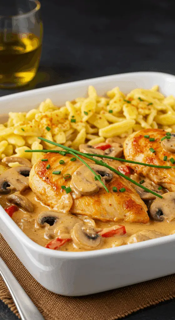Service restaurant Poulet Stroganov spätzles assiette céramique ciboulette