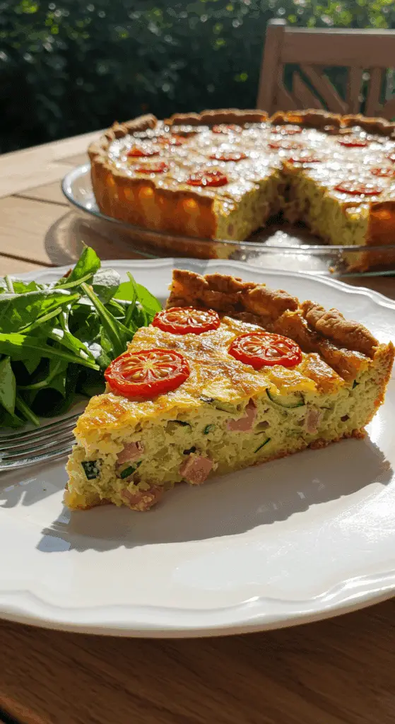 Part de quiche sans pâte aux courgette jambon servie avec salade