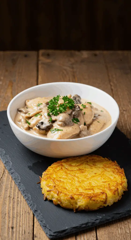 Service élégant ragoût poulet-champignons bol blanc avec röstis dorés