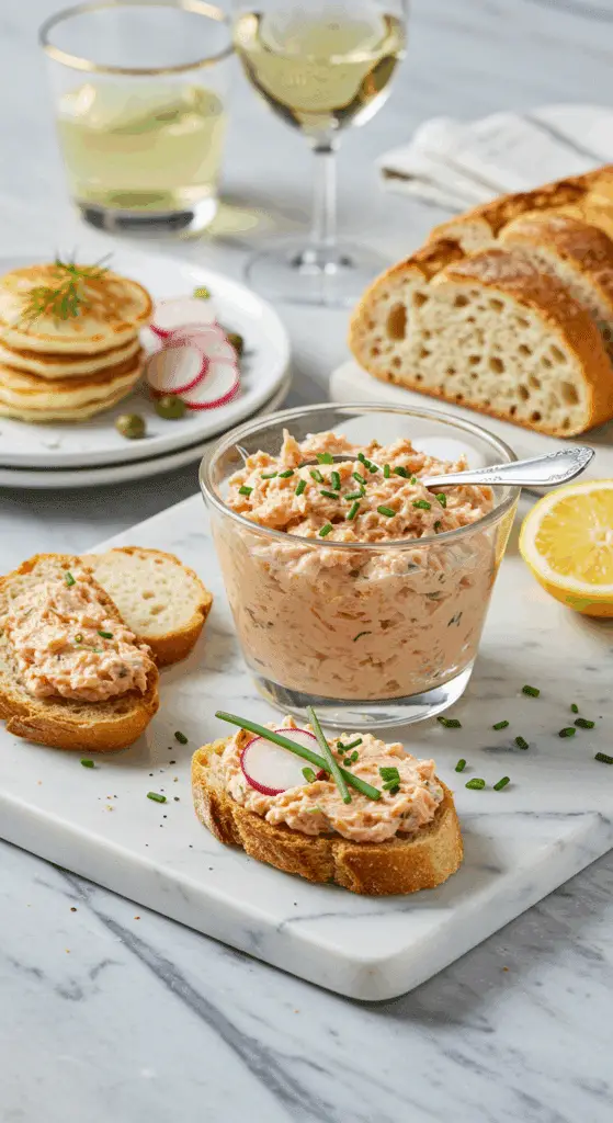 Service rillettes saumon sur toasts blinis avec garnitures