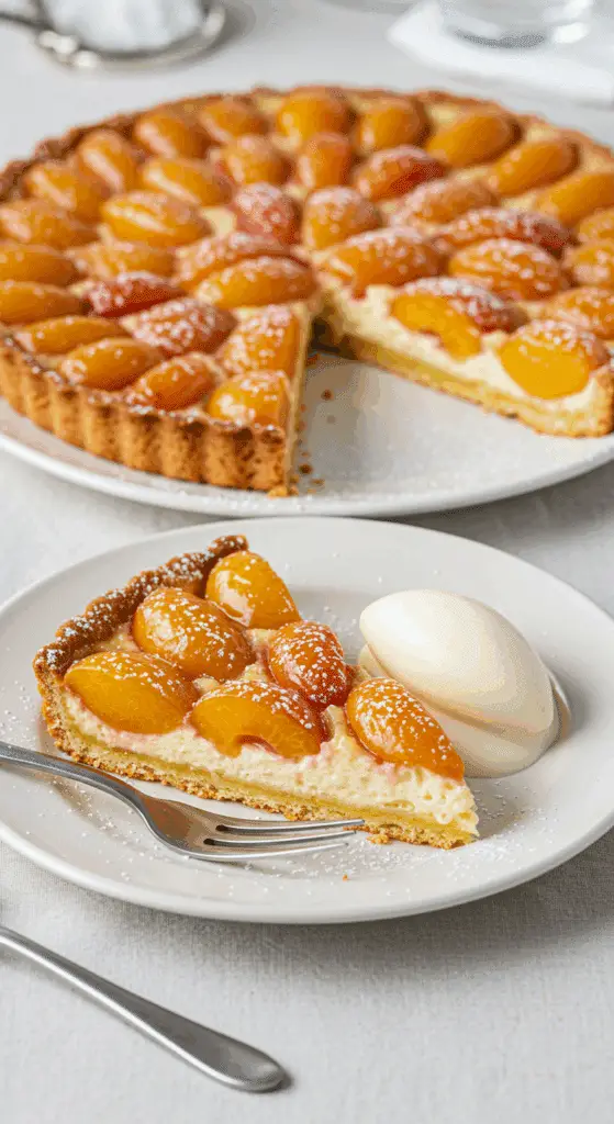 Part élégante tarte mirabelle crème amandes vanille service raffiné