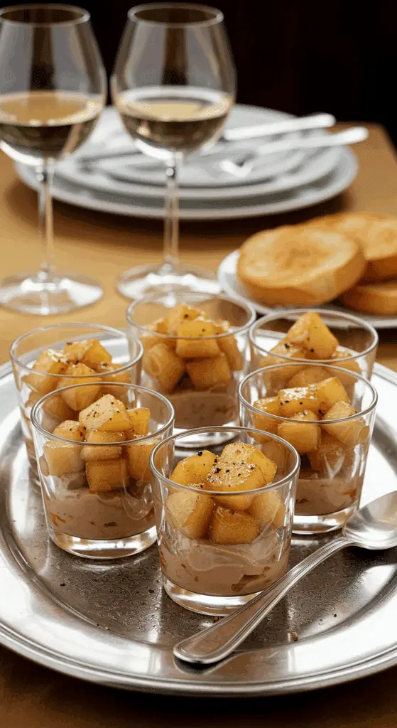 Service verrines poires foie gras plateau élégant avec brioche vin