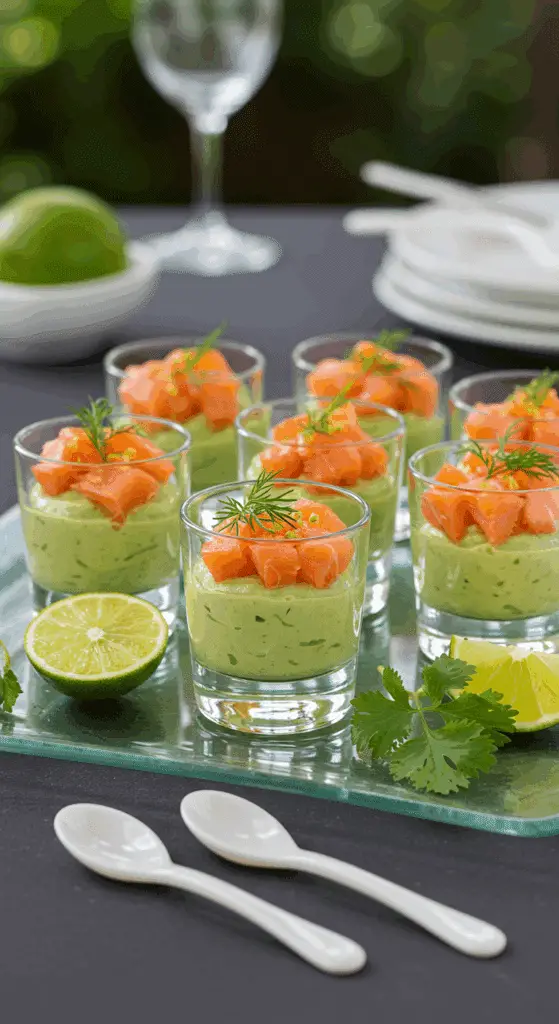Service verrines saumon avocat plateau verre cuillères nacrées