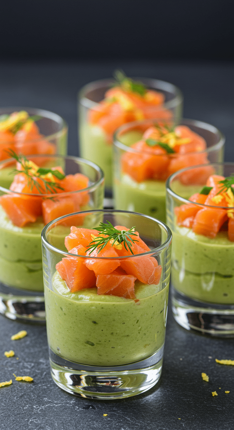 Verrines saumon fumé purée avocats élégantes couches colorées ardoise