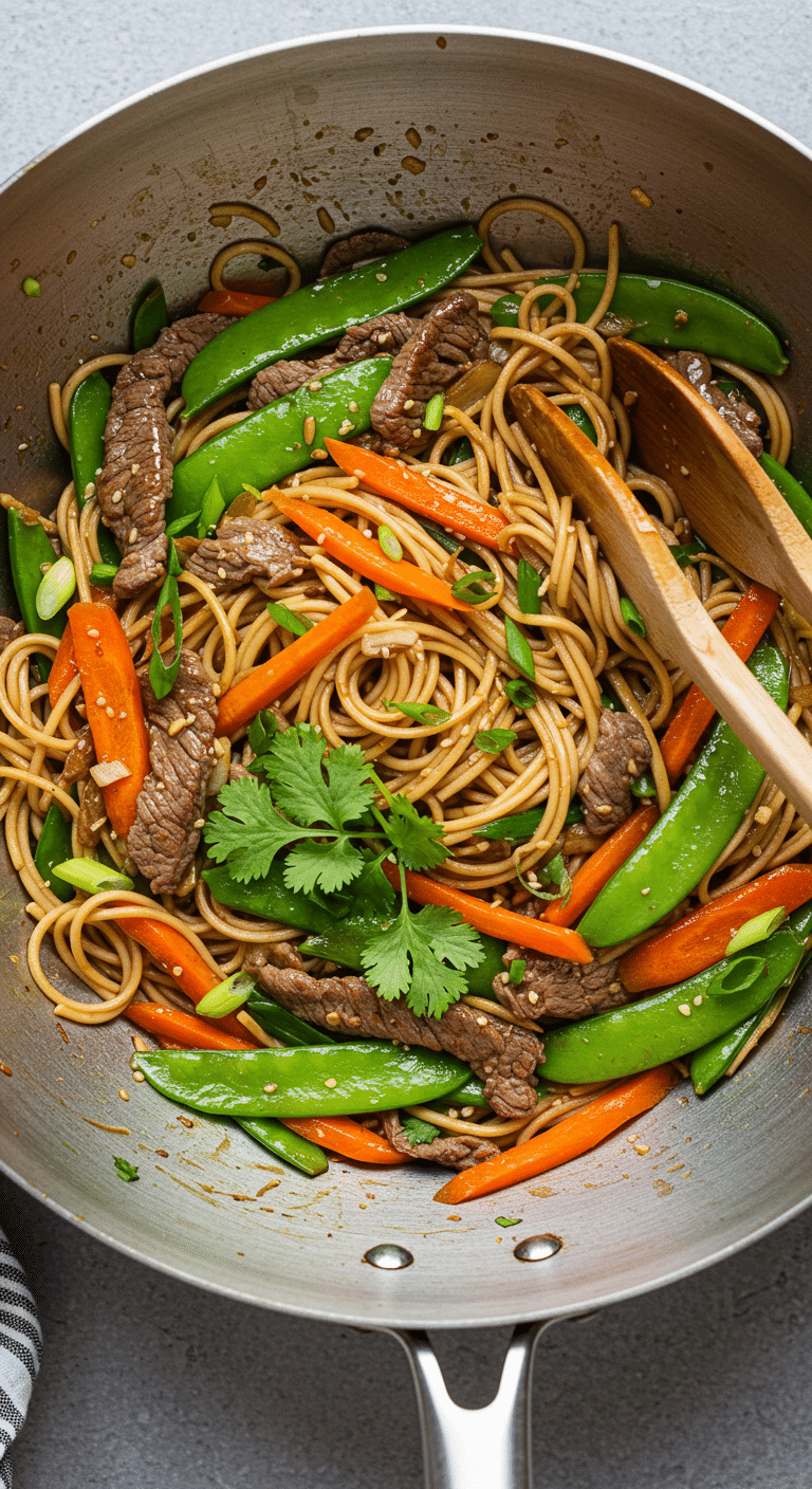 Wok de légumes au bœuf avec nouilles chinoises dans un wok traditionnel noir