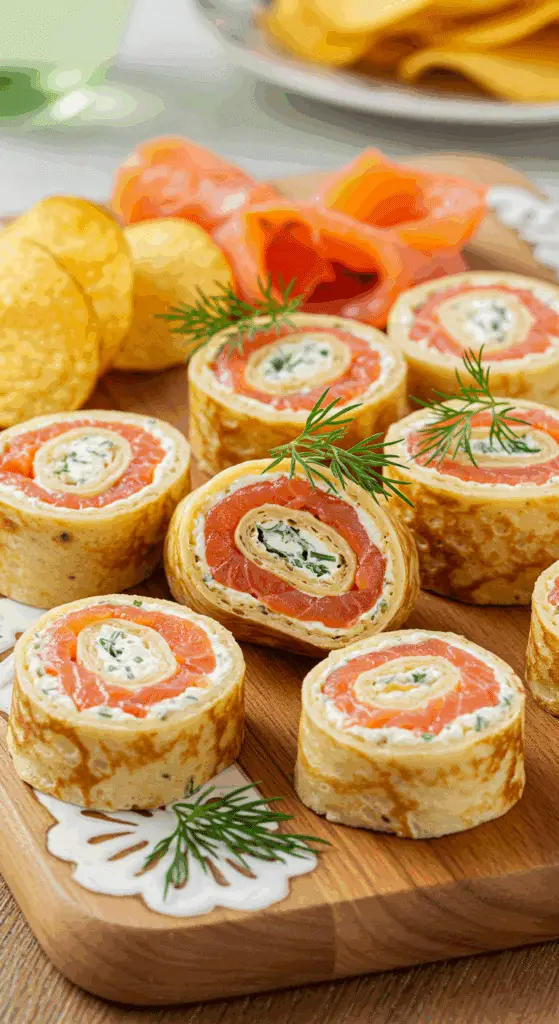Wraps saumon fumé disposés planche bois avec chips légumes