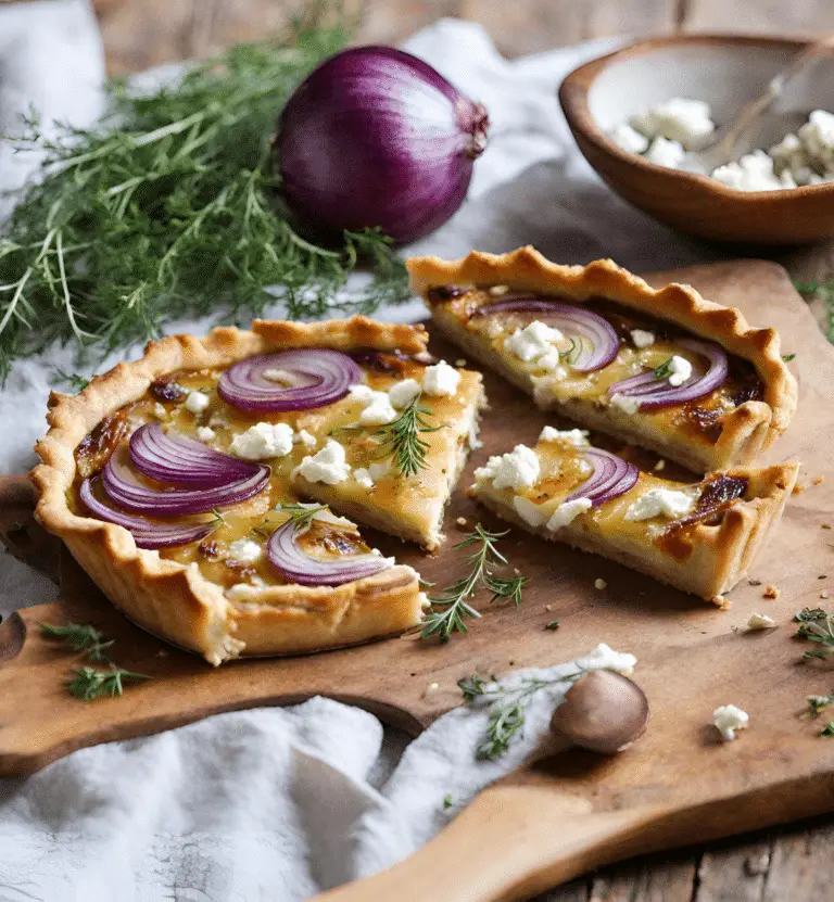 Tarte aux oignons, fromage de chèvre, miel et thym