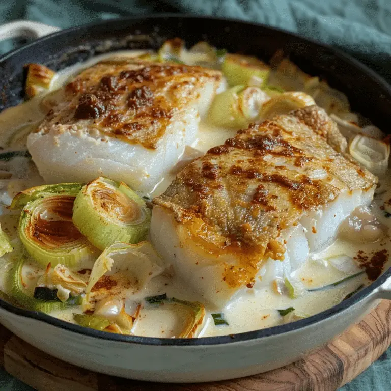 Pavé de cabillaud sur lit de poireaux et champignons
