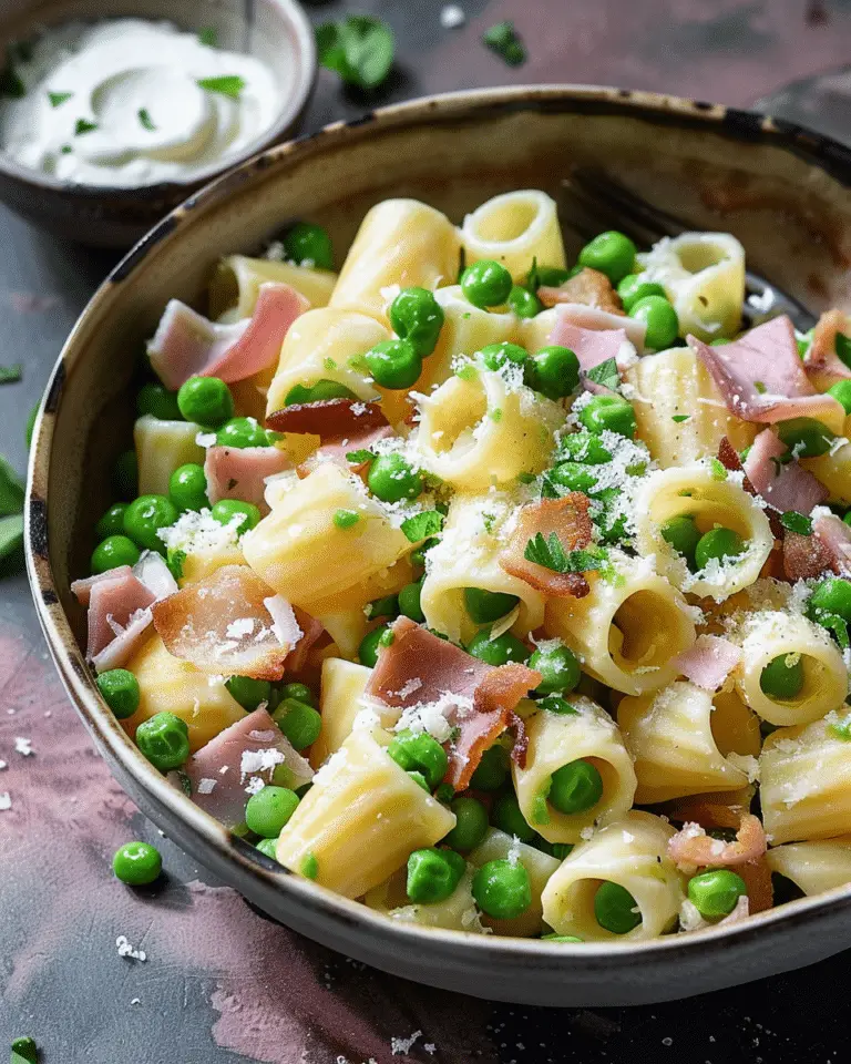 Pâtes à la Mozzarella, Petits Pois et Jambon Croustillant 🍲 : Un Plat Convivial et Plein de Saveurs
