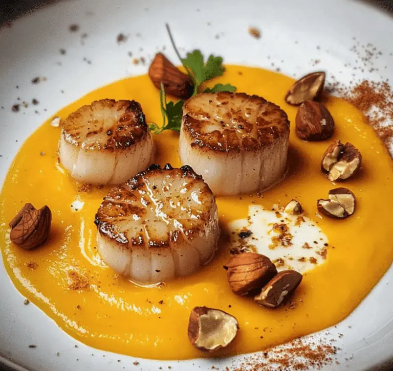 Noix de Saint-Jacques Poêlées à la Crème de Butternut : Un Plat Raffiné et Parfumé 🍁🐚
