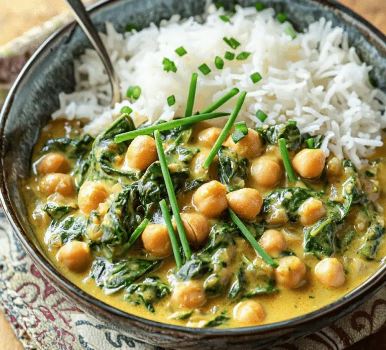 Curry d’Épinards et Pois Chiches : Un Plat Végétarien Crémeux et Savoureux 🌱🍛