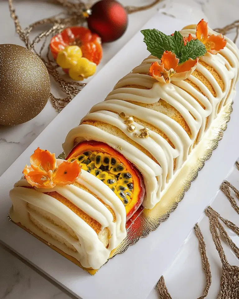 Bûche au chocolat blanc, insert exotique passion
