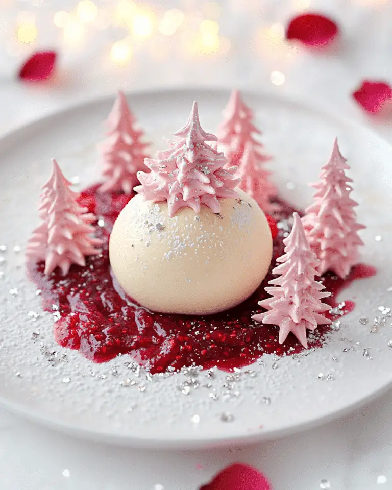 Boule de Noël Mousse de Litchis, Coulis de Framboise et Meringues Sapins à la Rose