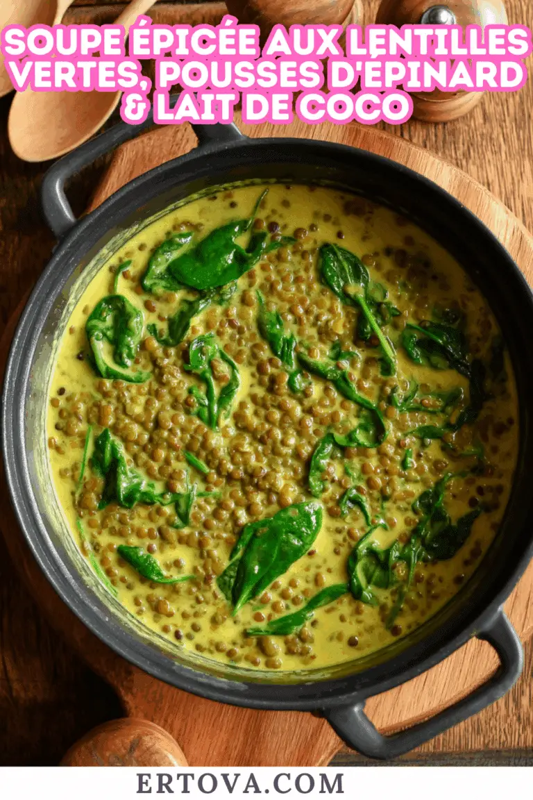 Soupe épicée aux lentilles vertes, pousses d’épinard et lait de coco