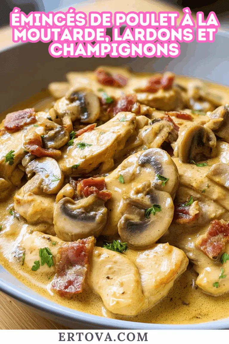 Émincés de poulet à la moutarde, lardons et champignons