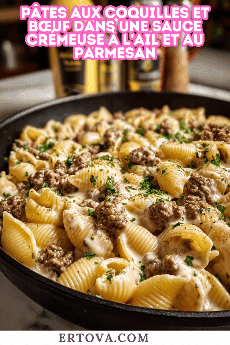 Pâtes aux coquilles et bœuf dans une sauce crémeuse à l’ail et au parmesan : le plat complet et réconfortant à découvrir