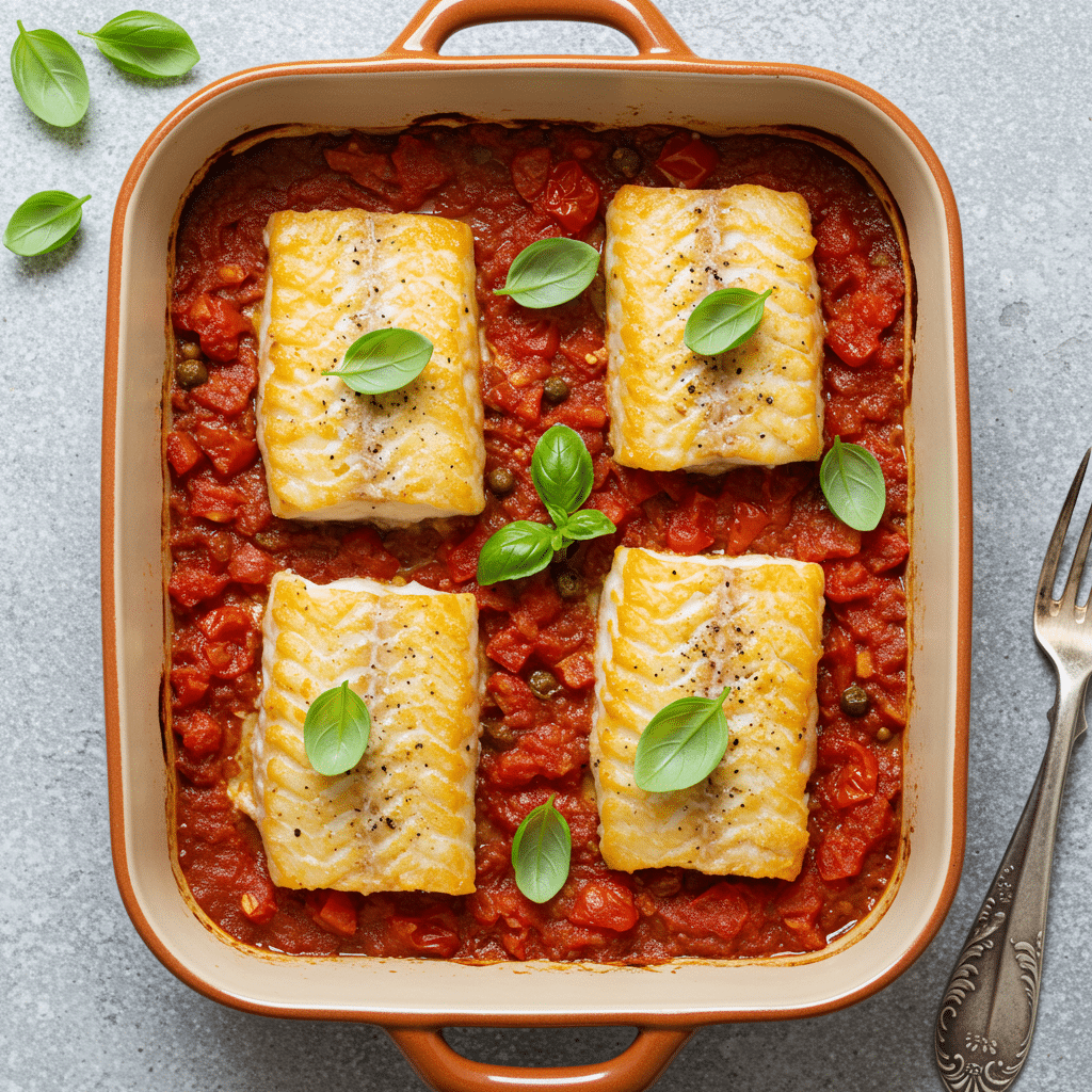 Cabillaud au four avec sauce tomate et basilic