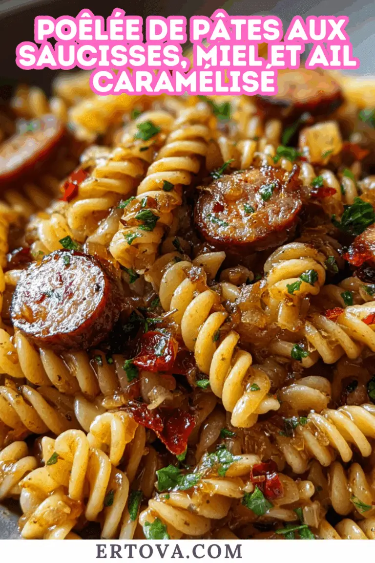 Poêlée de pâtes aux saucisses, miel et ail caramélisé