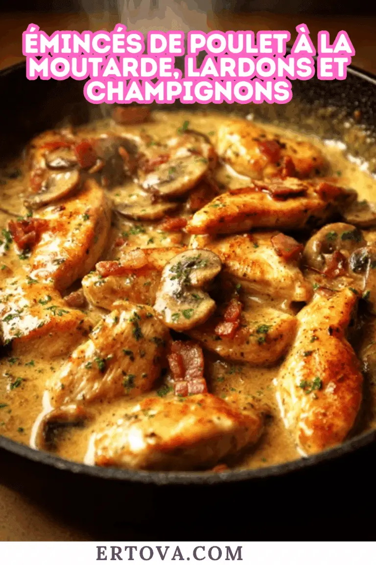 Émincés de poulet à la moutarde, lardons et champignons