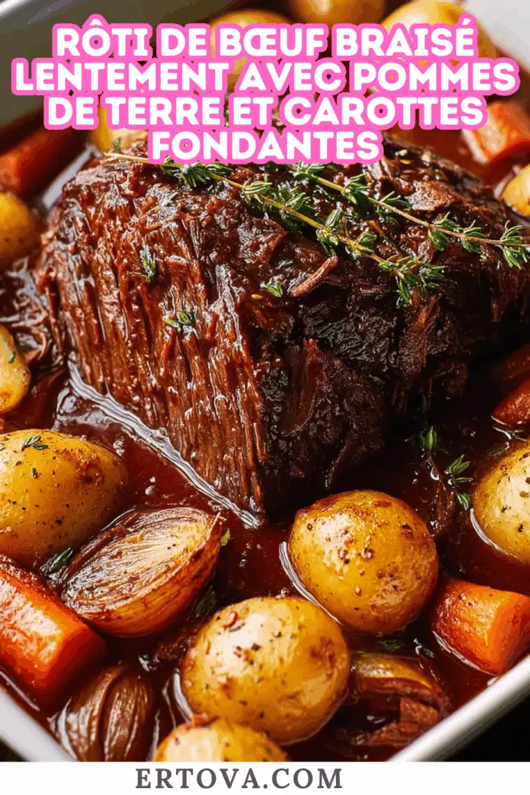 Rôti de bœuf braisé lentement avec légumes fondants dans une cocotte en fonte